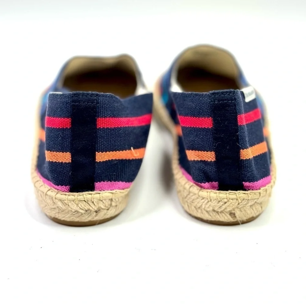 Soludos The Dali rainbow striped espadrilles navy background recycled cotton 9